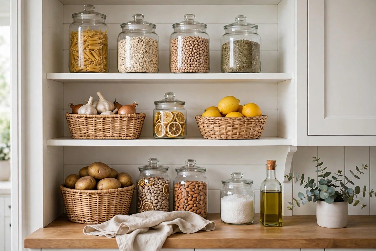 Glass mason jars and kitchen staples lined up on a shelf